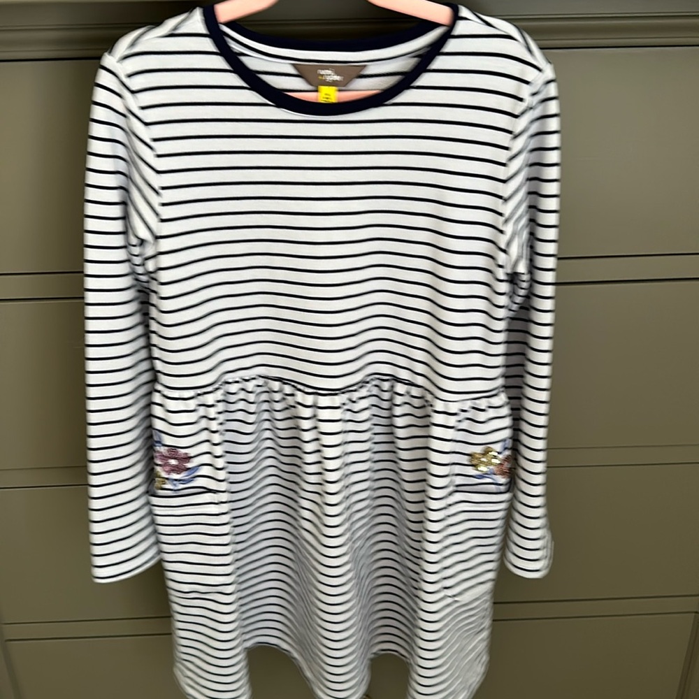 Navy and White Striped Long-Sleeve Dress with Floral Pockets - Size 8-10